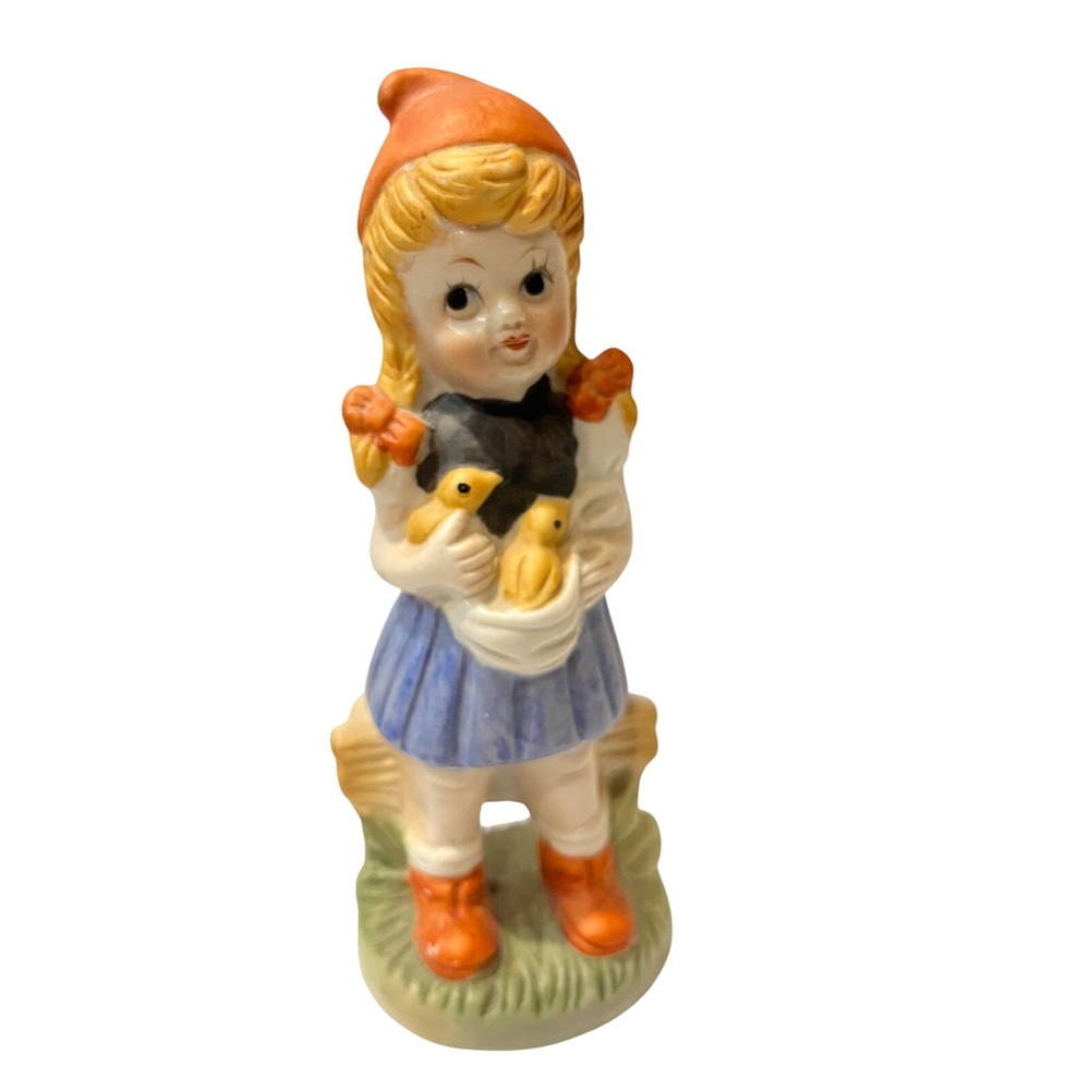 Vintage Ceramic Girl Figurine Holding Chicks RedHatโ Blue Dress FarmGarden Decor